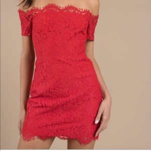 Red off the shoulder Tobi Dress with lace up back